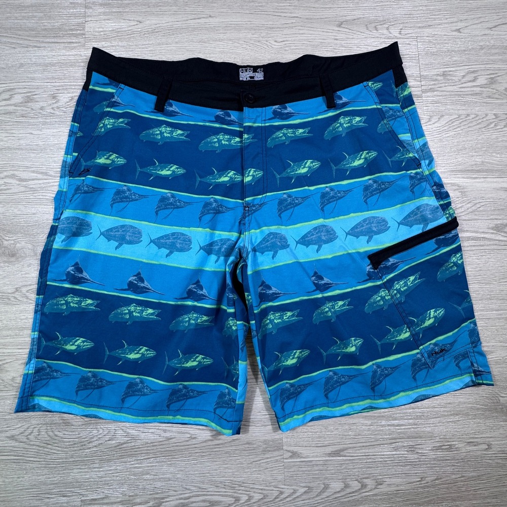 Huk Men's Fishing Boardshorts Blue Fish Print Performance Stretch Size 42 Pocket